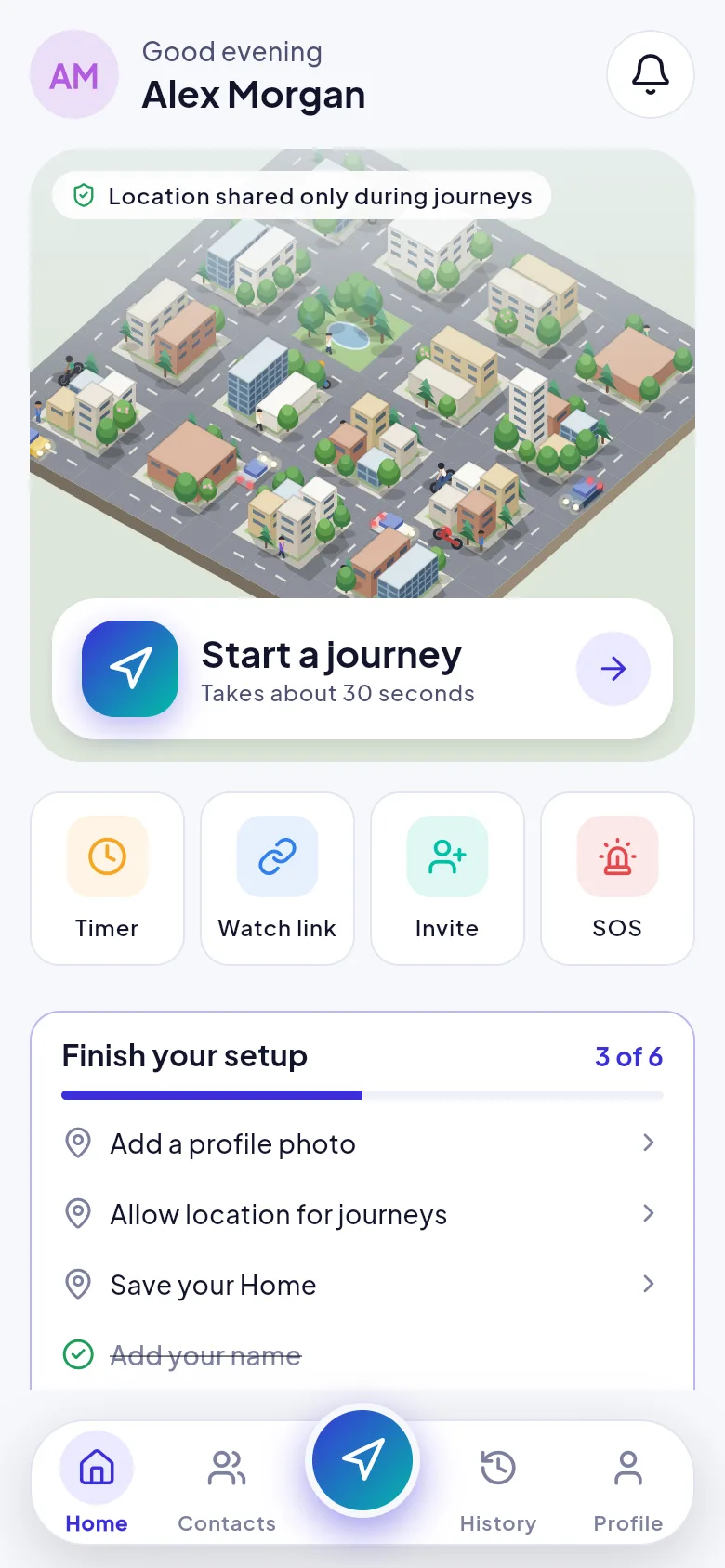 Screenshot: Arrivo home screen with the Start a journey card, Timer, Watch link, Invite and SOS shortcuts