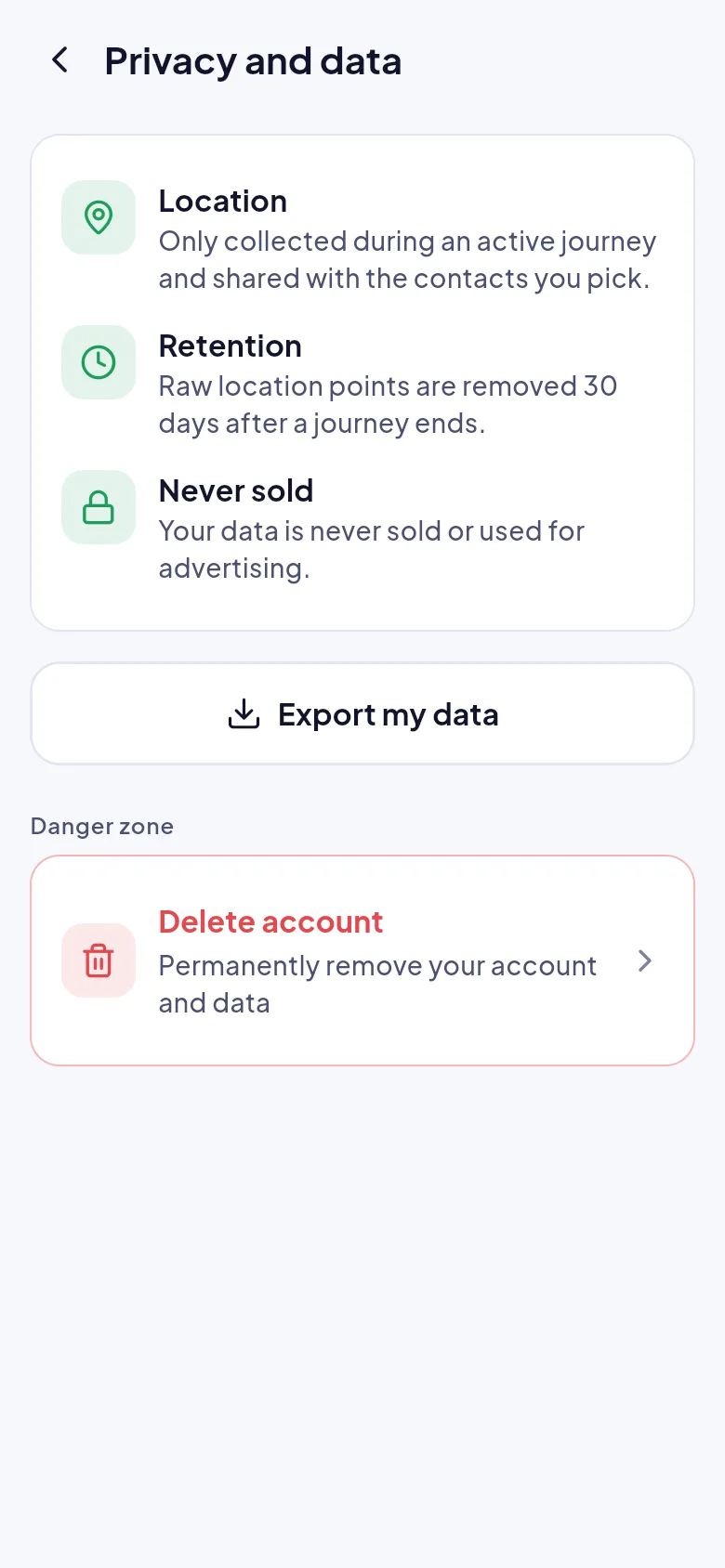 Screenshot: Privacy and data screen explaining location, retention and deletion