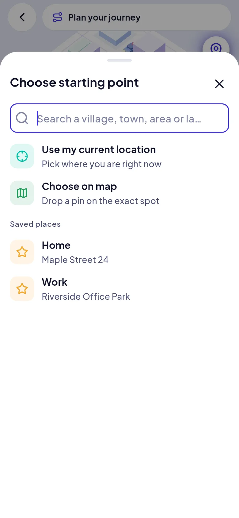 Screenshot: Place search sheet with current location, map pin and saved places