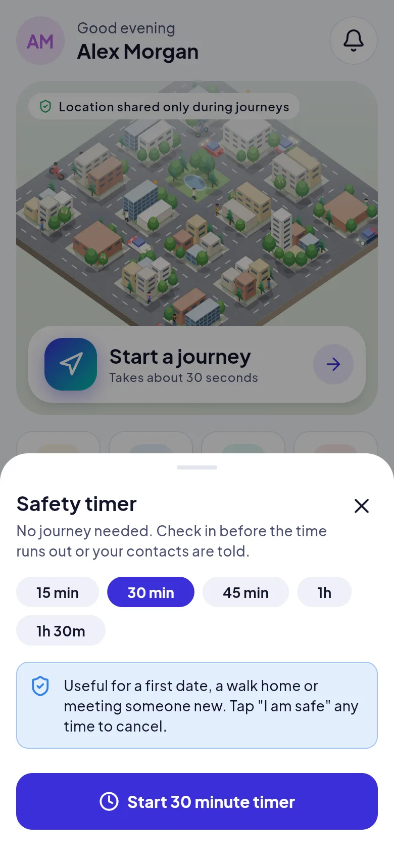 Screenshot: Safety timer sheet to check in before time runs out